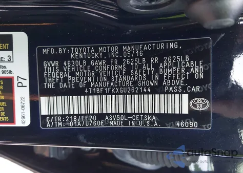 2016 Toyota Camry Se from USA, damaged, VIN 4T1BF1FKXGU262144